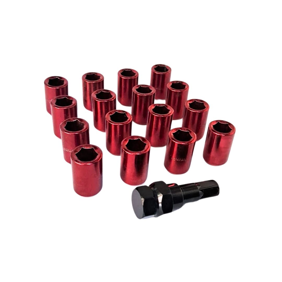 Kit tuercas tubulares (16 pcs + 1 llave) color rojo