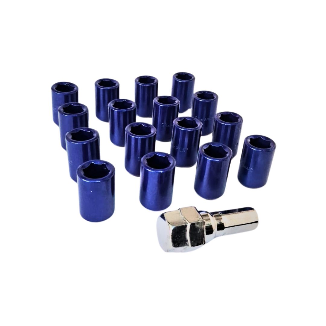 Kit tuercas tubulares (16 pcs + 1 llave) color azul